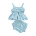 Calsunbaby Newborn Baby Girls Shorts Set Striped Print Bow Sleeveless Sling Tops Stretch Shorts Summer Clothes Blue 9-12 Months