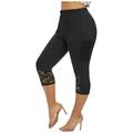 Yoga Pants with Pockets for Women Capri Length High Waisted Lace Trim Leggings Tummy Control Stretch Soft Tights