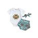 TheFound Newborn Infant Baby Girls 3pcs Clothes Letter Floral Print Short Sleeve Romper+Shorts+Headband Sets