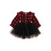 Mioliknya Girls Suit Check Mesh Ruffle Dress Long Sleeve One Piece Fluffy Skirt