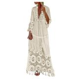 Womens Solid Swimsuit Cover Up Summer V Neck Sun Dresses Comfort Loose Lace Tassel Beach Bathing Dress