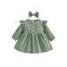 Eyicmarn Baby Girl Solid Color Dress Long Sleeves Round Neck Cotton Dress Bow Headband Birthday Gifts