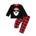 Pudcoco Childrens T-shirt and Trousers Set Cartoon Santa Claus Printed Tops and Plaid Long Pants