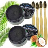 2pc Charcoal Teeth Whitening Powder Natural Activated Charcoal Coconut Shells + 4 Bamboo Toothbrushes - Safe Effective Tooth Whitener Solution