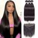 12A Bundles with Frontal Brazilian Straight Human Hair 4 Bundles with 13*4 Lace Frontal 100% Unprocessed Virgin Bundles with Free Part Ear To Ear Lace Front with Baby Hair (14 16 18+16 Natural Black)