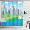 Switzerland Shower Curtain Cartoon Landscape with Mountains and River Pastoral Scene Idyllic Spring Season Fabric Bathroom Set with Hooks 69W X 75L Inches Long Multicolor by Ambesonne