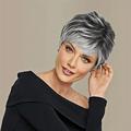 Creamily Grey Short Wigs for Women Layered Short Pixie Cut Wigs with Bangs Synthetic Grey Old Lady Wigs Wefted Wig Caps