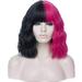 Unique Bargains Human Hair Wigs for Women Lady 16 Black Pink Curly Wig with Wig Cap