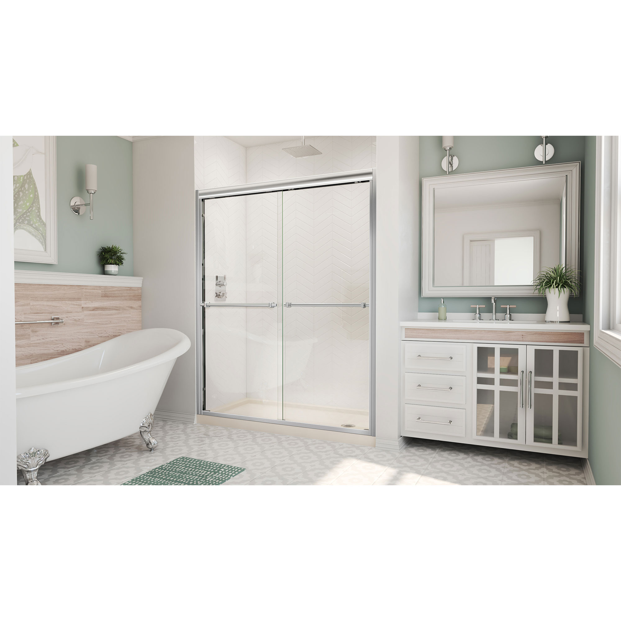 Dreamline DreamLine Duet 36 inch D x 60 inch W x 74 3/4 inch H Semi-Frameless Bypass Shower Door in Chrome with Left Drain Biscuit Shower Base Kit DL-6953L-22-01