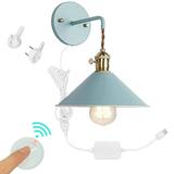 FSLiving Remote Control Retro Wall Light with USB Plug Receiving Controller Metal Macaron Color Wall Sconce with Recessed Push Button Switch Cord (4.9 Feet) and Remote Control Switch - Blue