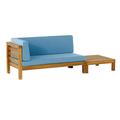 GDF Studio Cascada Outdoor Acacia Wood Left Arm Loveseat and Coffee Table Set with Cushion Teak and Blue