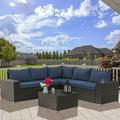 Gotland Outdoor Patio Furniture Set 6 Piece Sectional Rattan Sofa Set Rattan Wicker Patio Conversation Set with 5 Seat Cushions and 1 Tempered Glass Table Dark Blue