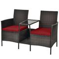 Patiojoy Patio Loveseat 2 Person Cushioned Seats With Center Table Outdoor Rattan Furniture Set Red