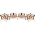 Patiojoy 8PCS Patio Rattan Furniture Set Wood Frame Cushioned Sofa with Coffee Table Sectional Conversation Sofa Set for Garden Brown