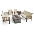 GDF Studio Navan Outdoor Acacia Wood 8 Seater Sofa Chat Set with Fire Pit Gray and Cream
