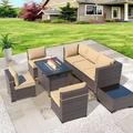 ALAULM 8 Pieces Outdoor Patio Furniture Set with Propane Fire Pit Table Outdoor Sectional Sofa Sets Patio Furniture 43 Gas Fire Pit Brown PE Rattan Patio Conversation Set w/6 Cushions Sand