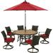 Hanover Monaco 7-Piece Outdoor Patio Dining Set 6 Cushioned Wicker Back Swivel Rocker Chairs 60 Round Tile Table 9 Umbrella and Umbrella Base Bronze Finish Rust-Resistant All-Weather