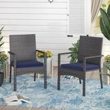 Sophia & William Patio Rattan Dining Chairs Set of 2 with Blue Cushions Dark Brown