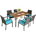 Patiojoy 7- Piece Patio Dining Furniture Set Acacia Wood and Wicker Dining Table Armchairs Turquoise