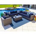 Tuscany 9-Piece Resin Wicker Outdoor Patio Furniture Sectional Sofa Set with Seven Modular Sectional Seats Armchair and Coffee Table (Half-Round Gray Wicker Sunbrella Canvas Navy)