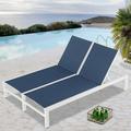 Ulax Furniture Patio Aluminum Double Chaise Lounge Outdoor Adjustable Recliner Chairs with Wheels(Navy)
