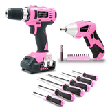 Pink Power Drill Set for Women 20V Pink Cordless Drill Driver Tool Kit for Ladies 3.6V Electric Screwdriver and 6 Piece Flat and Phillips Head Hand Tool Set - Electric Drill Set W/ Battery & Charger