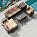 Patio Furniture Set Outdoor Sectional Sofa Set 10 Pieces All-Weather PE Wicker Patio Conversation Sets with Rattan Storage Box & Ottomans Tempered Glass Coffee Table Three Red Pillows Brown