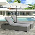 JOIVI 2 Pieces Outdoor Chaise Lounge Chair Patio Reclining Sun Lounger Brown Wicker Rattan Adjustable Lounge Chair Steel Frame with Removable Blue Cushions for Poolside Deck and Backyard