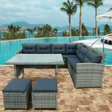 Patio Sofa Set 6 Pieces Outdoor Sectional Furniture Set All-Weather PE Rattan Wicker Patio Conversation Set with Coffee Table and Cushioned Sofa for Garden Deck Backyard Gray LJ3674