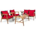 Patiojoy 4PCS Patio Rattan Furniture Set Wood Frame Cushioned Sofa with Coffee Table Sectional Conversation Sofa Set for Garden Red