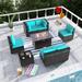 Kullavik 8 Pieces Outdoor Furniture Set with 43 Gas Propane Fire Pit Table PE Wicker Rattan Sectional Sofa Patio Conversation Sets Green Blue