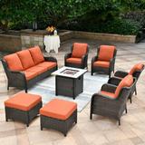 Ovios 8 Pieces Outdoor Patio Furniture Set Brown Conversation Outdoor Sectional Sofa with Gas Fire Pit CSA Approved