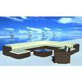 Dcenta 12 Piece Patio Lounge Set with Cushions Brown Poly Rattan 5 Center Sofa with 3 Corner Sofas 2 Ottoman Glass Top Tea Table Chair Conversation Set for Garden Lawn Outdoor Furniture