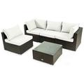 Patiojoy 5PCS Rattan Patio Furniture Set Cushioned Sofa Chair Coffee Table Set Easy Assemble White