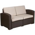 Flash Furniture Seneca Chocolate Brown Faux Rattan Loveseat with All-Weather Beige Cushions