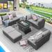 NICESOUL 9 Pcs Outdoor Furniture with Fire Pit Table Wicker Sectional Sets Light Gray