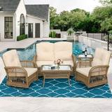 MEETWARM 5 Pieces Outdoor Patio Rattan Furniture Sets All Weather Patio Wicker Conversation Set - 2 Rocking Swivel Chairs 1 Rattan Loveseat Glider with Cushions 2 Glass-Top Coffee Table Beige