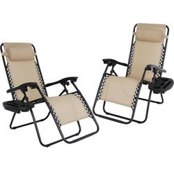 SuperDeal Set of 2 Zero Gravity Lounge Chairs Folding for Patio Beach w/Cup Holders Beige