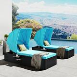 SYNGAR Outdoor PE Rattan Wicker Chaise Lounge Patio Rattan Reclining Chair Furniture with Canopy and Cup Table Beach Pool Adjustable Backrest Recliners with Blue Cushions Black Wicker 2 Piece