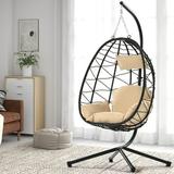 Foldable Swing Egg Chair BTMWAY Patio Wicker Hanging Egg Chair with Stand Cushion and Pillow Indoor Outdoor Egg Chair Hammock Chair Hanging Swing Chair for Bedroom Balcony Patio Porch Beige