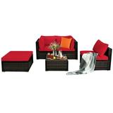 Patiojoy 5-Piece Outdoor Patio Sectional Rattan Wicker Conversation Sofa Set with Red Cushions