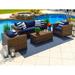 Tuscany 4-Piece L Resin Wicker Outdoor Patio Furniture Conversation Sofa Set with Three-seat Sofa Two Armchairs and Coffee Table (Half-Round Brown Wicker Sunbrella Canvas Navy)