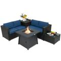 Topbuy 5-Piece Outdoor Patio Furniture Set with 50 000 BTU Propane Fire Pit Table Patio PE Wicker Conversation Set with Cushions Storage Box and Tempered Glass Coffee Table Navy