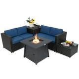 Topbuy 5-Piece Outdoor Patio Furniture Set with 50 000 BTU Propane Fire Pit Table Patio PE Wicker Conversation Set with Cushions Storage Box and Tempered Glass Coffee Table Navy