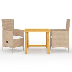 Anself 3 Piece Patio Dining Set Acacia Wood Table and Backrest Adjustable 2 Chairs with Cushion Beige Rattan Outdoor Dining Set for Garden Lawn Balcony Backyard