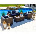 Sorrento 4-Piece M Resin Wicker Outdoor Patio Furniture Conversation Sofa Set in Brown w/Loveseat Two Armchairs and Coffee Table (Flat-Weave Brown Wicker Sunbrella Canvas Navy)