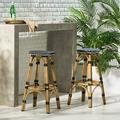 Wilbur Aluminum and Wicker Outdoor 29.5 Inch Barstools Set of 2 Black White and Bamboo Finish