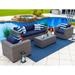 Tuscany 4-Piece L Resin Wicker Outdoor Patio Furniture Conversation Sofa Set with Three-seat Sofa Two Armchairs and Coffee Table (Half-Round Gray Wicker Sunbrella Canvas Navy )