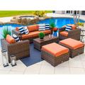 Tuscany 6-Piece L Resin Wicker Outdoor Patio Furniture Lounge Sofa Set with Three-seat Sofa Two Armchairs Two Ottomans and Coffee Table (Half-Round Brown Wicker Sunbrella Canvas Tuscan)