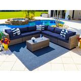 Tuscany 8-Piece Resin Wicker Outdoor Patio Furniture Sectional Sofa Set with Seven Modular Sectional Seats and Coffee Table (Half-Round Gray Wicker Sunbrella Canvas Navy)
